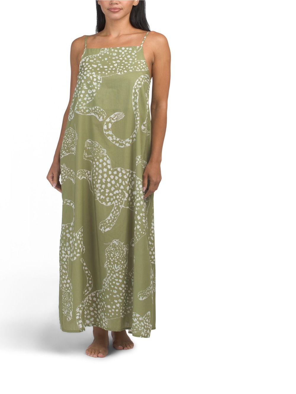 Desmond and Dempsey Olive Animal-Print Nighty Slip Dress